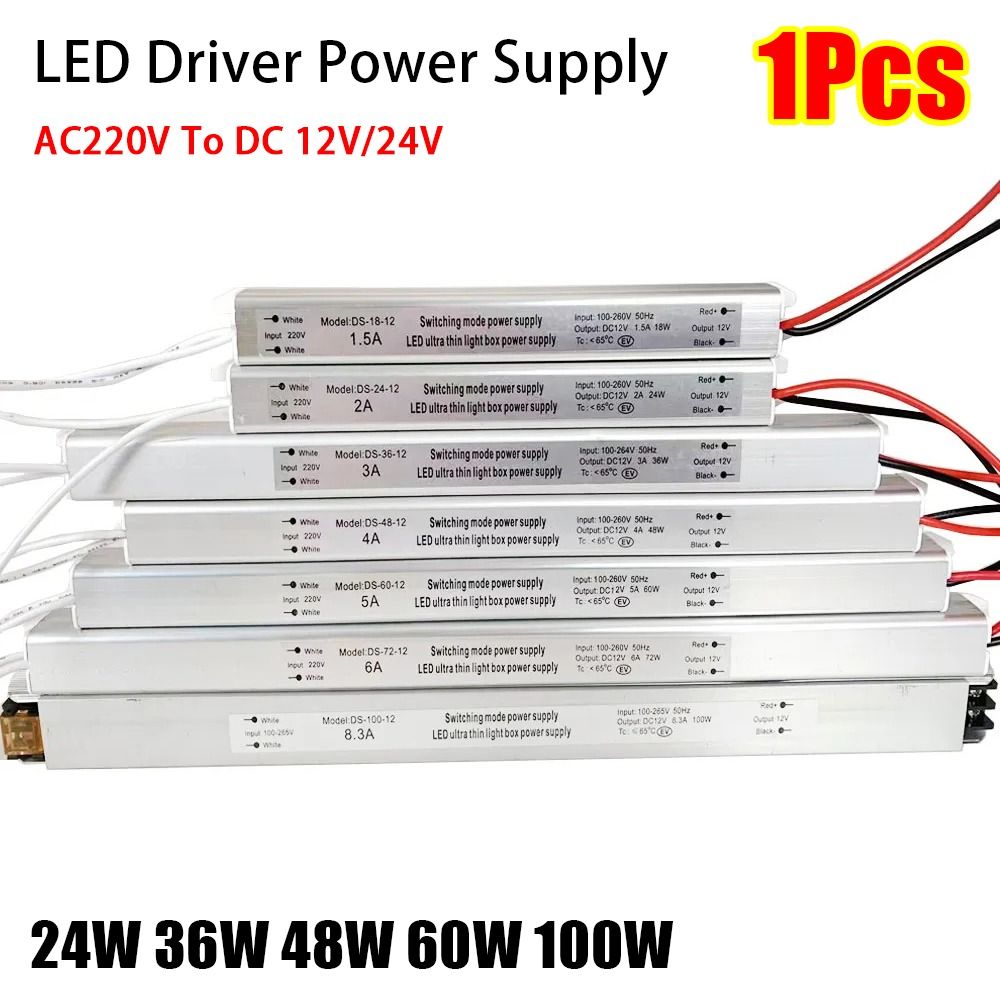 1Pcs New 24W 36W 48W 60W 100W LED Driver Power Supply AC220V To DC 12V/24V Ultra Thin Switching LED Driver Advertising Board Power Parts Lighting Transformer For LED Light Strip Lamp