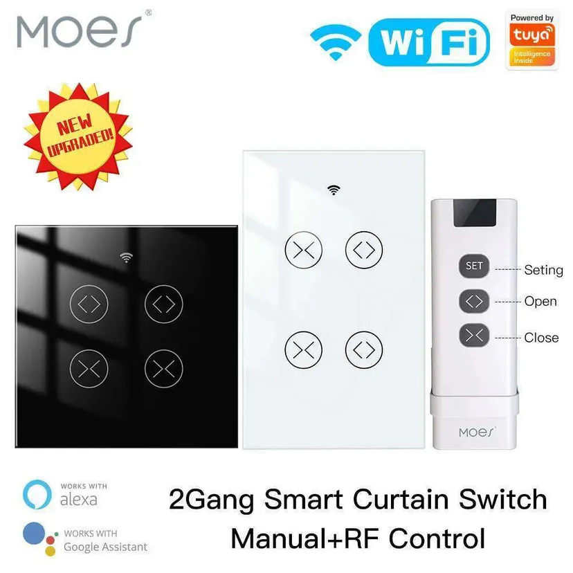 MOES Tuya Smart Life WiFi RF 2 Gang Double Curtain Blind Switch for Roller Shutter Electric Motor With Google Home Alexa