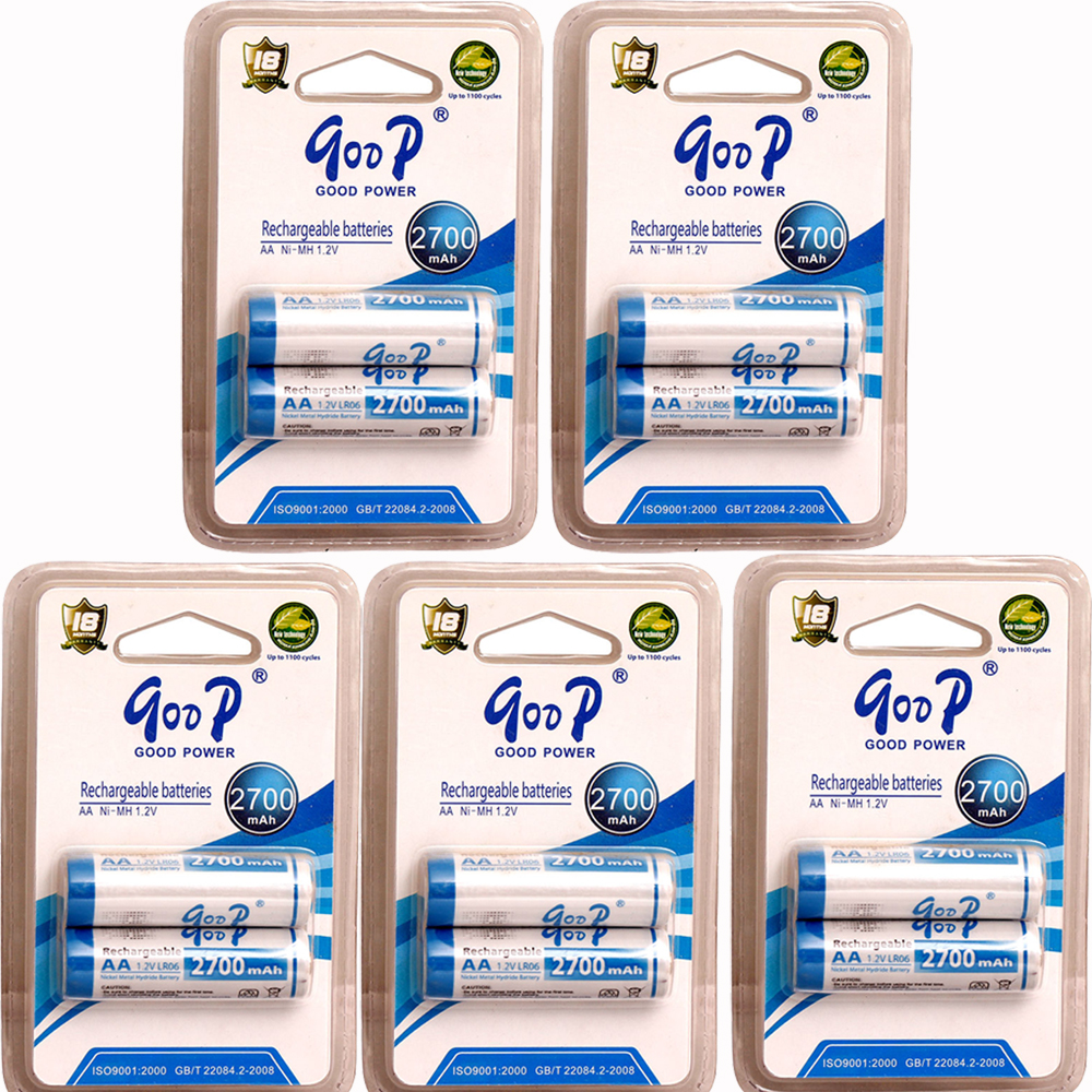 Goop AA Sized 2700mAh 1.2V Rechargeable Battery 10 Pcs (5 Pairs) for Wireless Mouse, Flashlights, Camera, Camera Mic, Remote Control, Toys