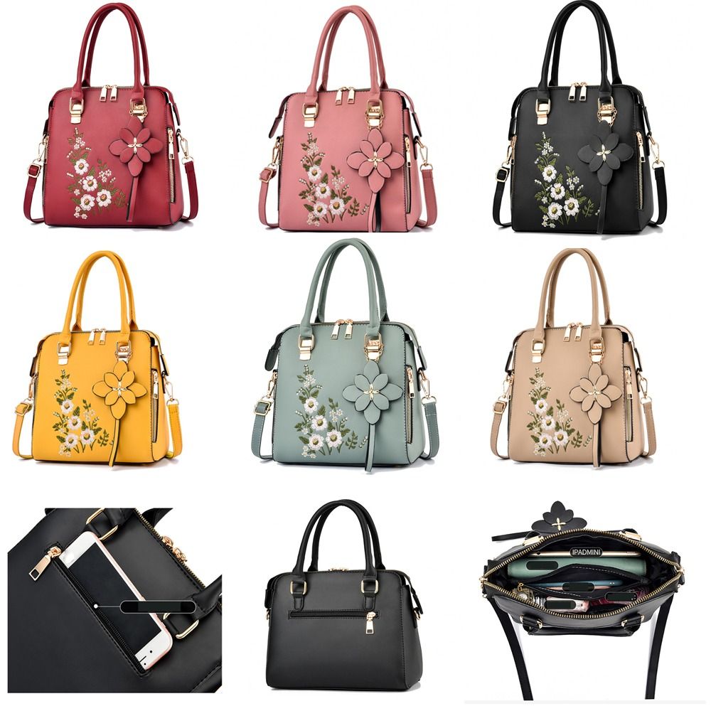 Fashion Lychee Pattern Shoulder Bag Large Capacity Embroidered Bucket Bag Portable PU Handbag Woman Ladies