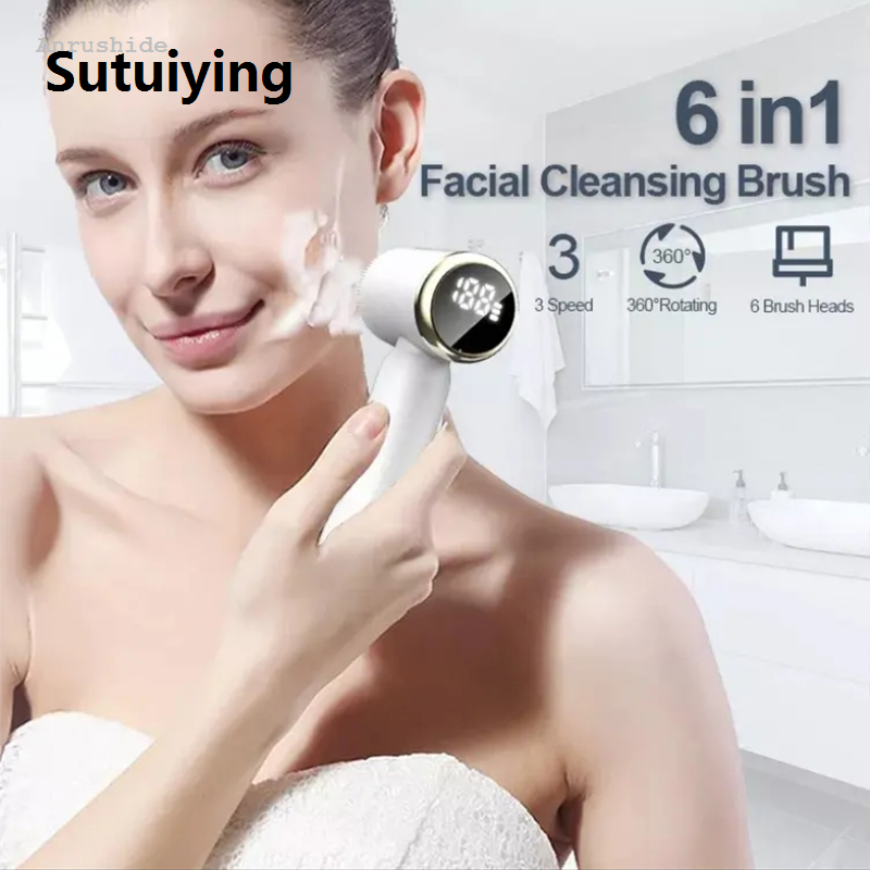 Sutuiying 6 Replacement Brush Heads Rechargeable Face Clean Brush 2025 New Electric Sonic Silicone Facial Cleansing Brush
