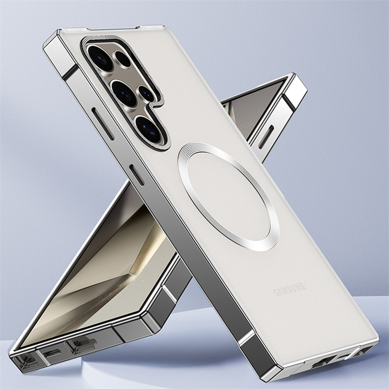 For Samsung Galaxy S24Ultra S25Ultra Matte Metal Frame Slim Phone Case For MagSafe Wireless Charging Shockproof Protective Cover