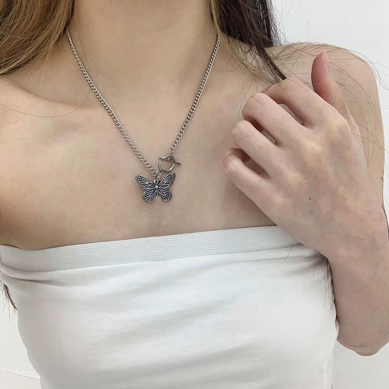 【Special offer】Jewelry Diablo Cool Handsome Ot Buckle Necklace Vintage Simple Butterfly Pendant Clavicle Chain Necklace Chain Women