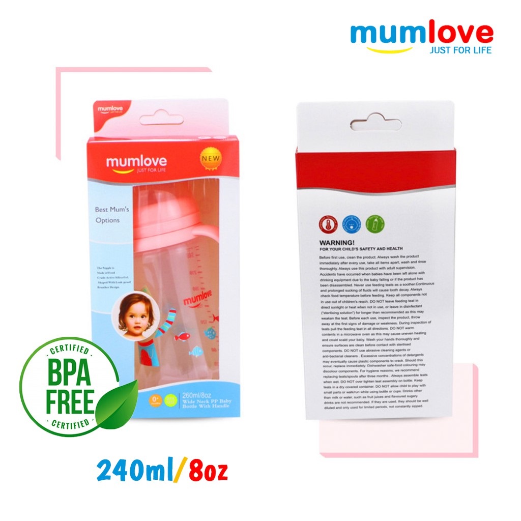 Original Baby Bottle Feeding with Handle Feeding Bottle 240ml/8oz Mum Love Wide Neck Nipple