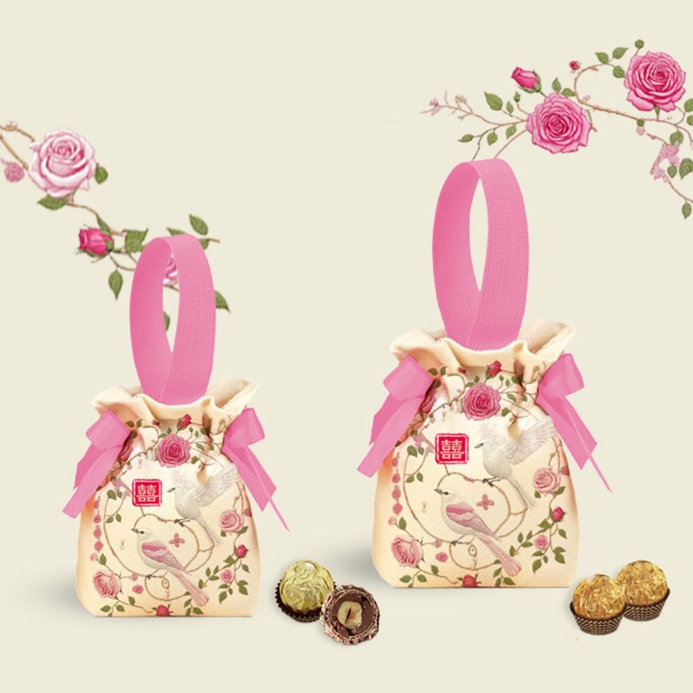 Portable Canvas Wedding Candy Bag Bowknot Spring Festival New Year Gifts Bag Drawstring Flower Chinese Style Handbag Party