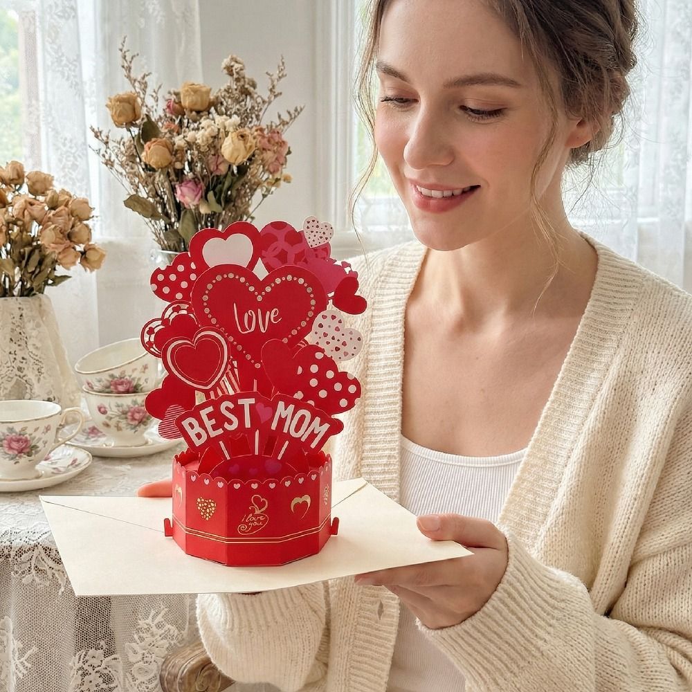 Surprise Romantic Mother's Day Greeting Card Blessing with Envelope Stereo Love Postcard Creative Paper Sculpture 3D Award Cup Greeting Cards Birthday Gift