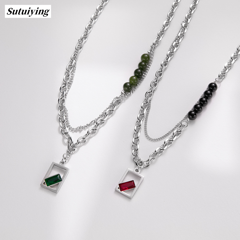 Sutuiying [ New ] Three-Dimensional Square Ruby Stitching Titanium Steel Necklace in Men's Bargain price Trendy High Sense Light Luxury Minority Personality Women's Double Layered Wear