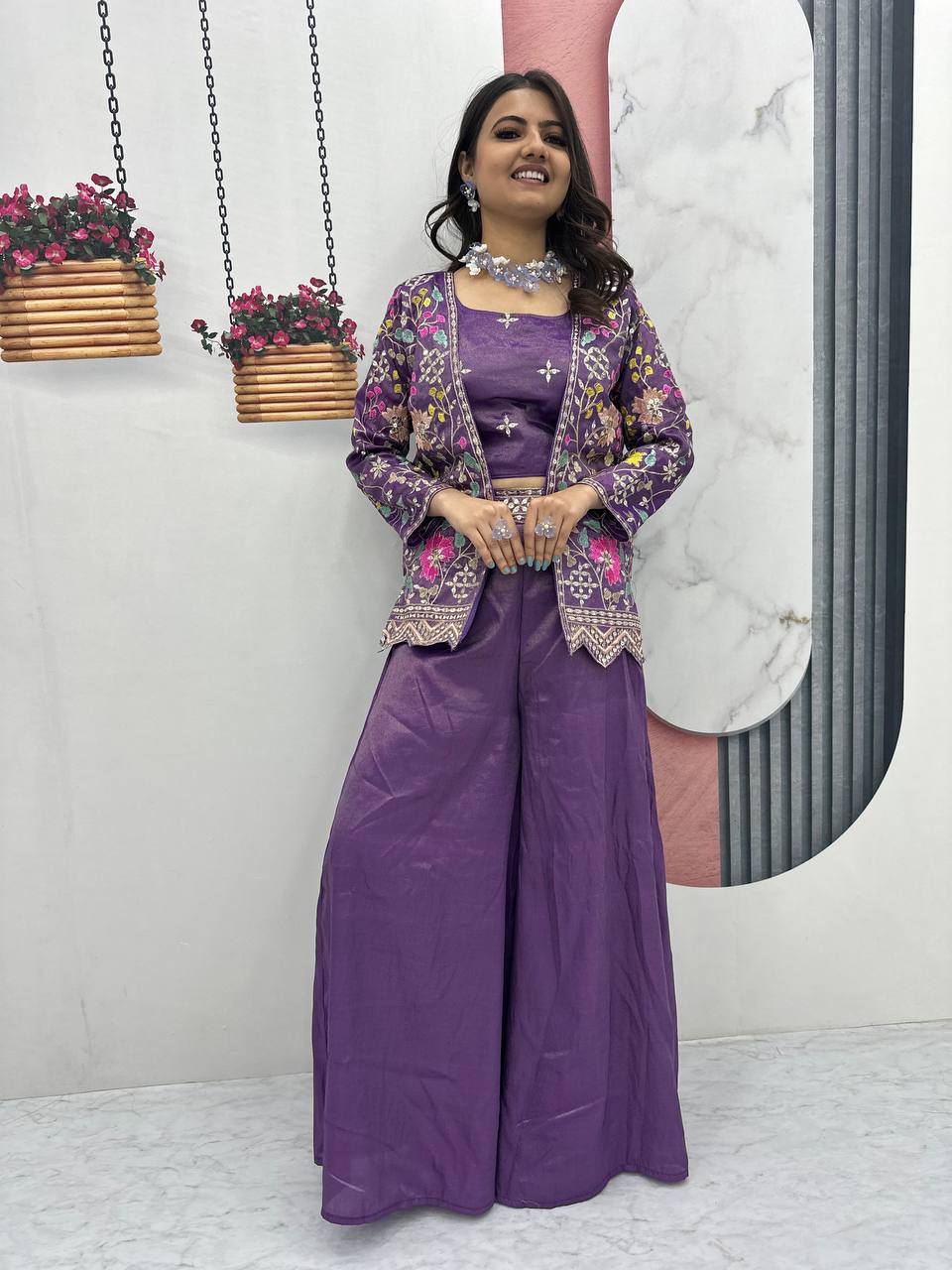 New Wedding Special Pure Tissue Simmer Embroidered Choli, Palazzo & Shrug Set By Sapnaaz Fashion