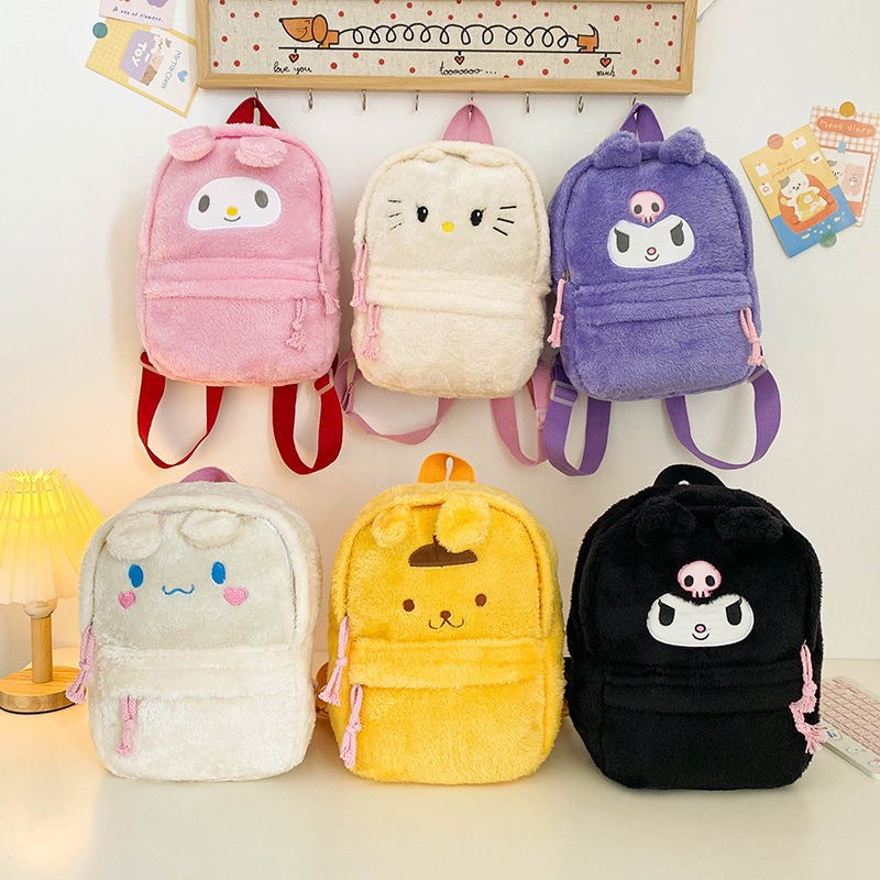 New Sanrio Plush Backpack Cute Cartoon Hello Kitty Kuromi Mymelody Cinnamoroll Large Capacity Schoolbag Kawaii Gifts for Kids