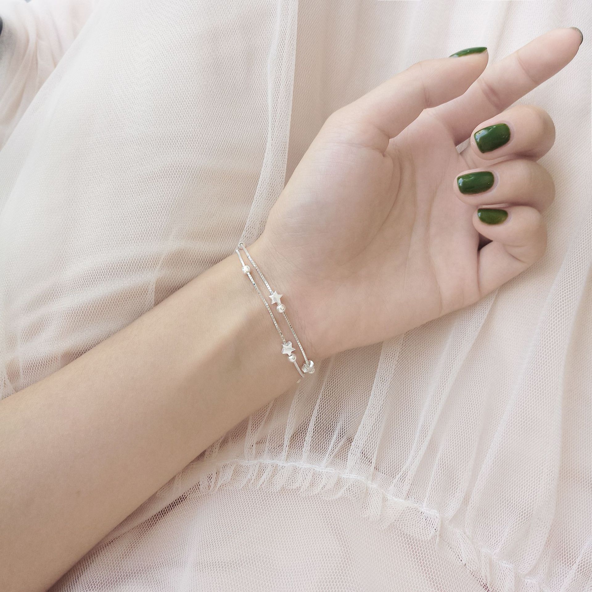 Cute sweet baby's breath small star silver beads S925 silver plated bracelet double jewelry lover gift woman