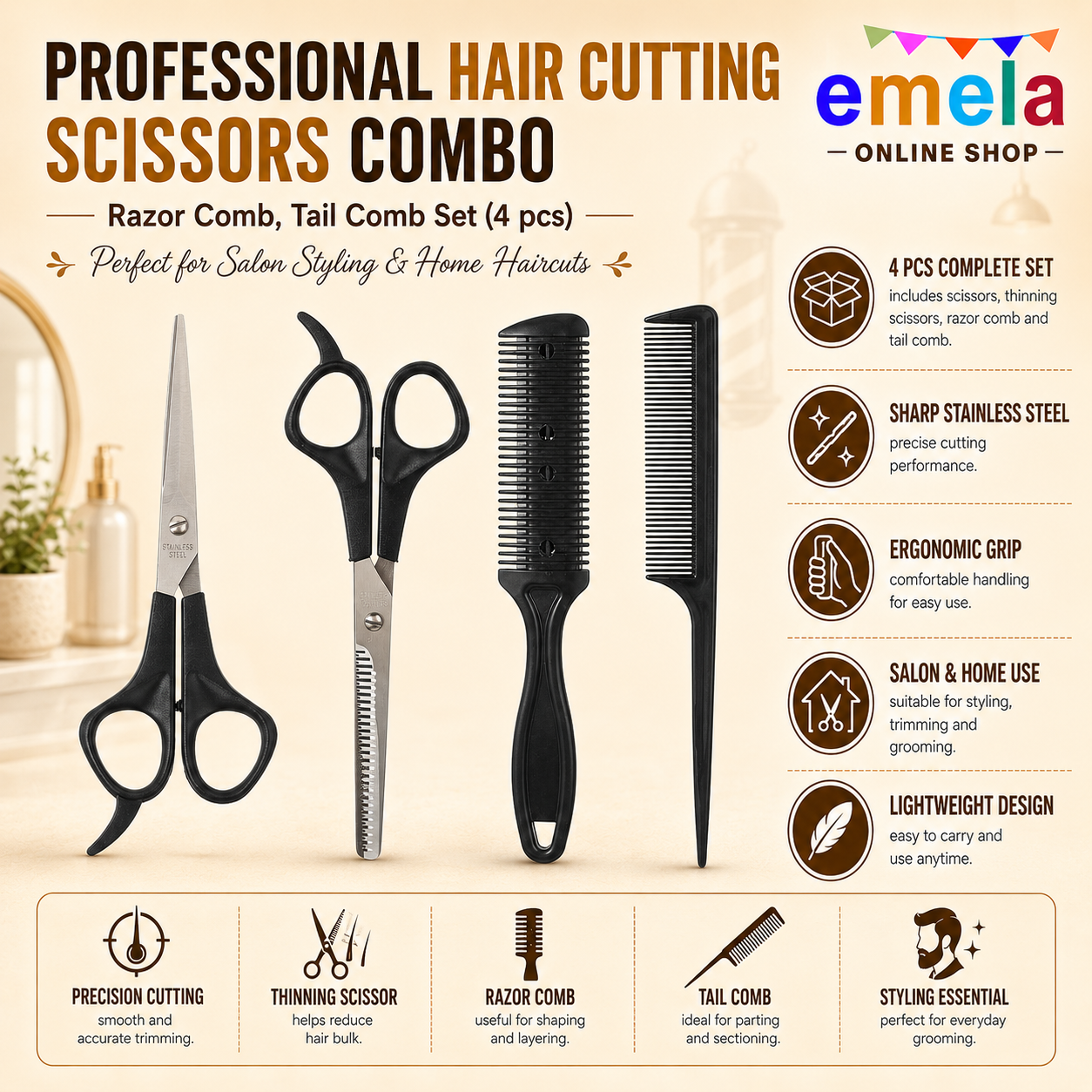Professional Hair Cutting Scissors Combo, Razor Comb, Tail Comb Set (4 pcs)