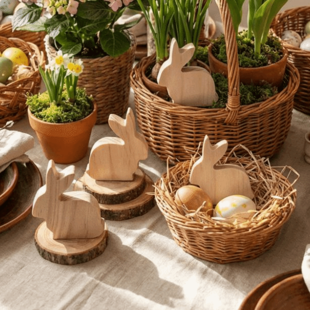 6Pcs Decorative Standing Easter Rabbit Ornaments Unfinished Realistic Wooden Bunny Decorative Handmade Handicraft Small Rabbit Statues Window Display