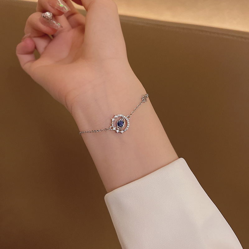 【New Arrivals】Enamel Blue Titanium Steel Fantasy Cosmic Planet Bracelet Women's Simple Diamond Ins Star Moon Bracelet
