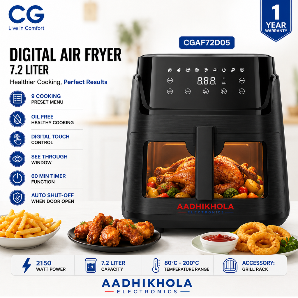 CG 7.2L Digital Air Fryer | CGAF72D05 | 80% Oil Free Cooking | 2150W Powerful Heating | Touch Screen Display | 9 Preset Cooking Modes | Oil-Free Cooking | 60 Min Timer | Auto Cut Safety | 1 Year Warranty