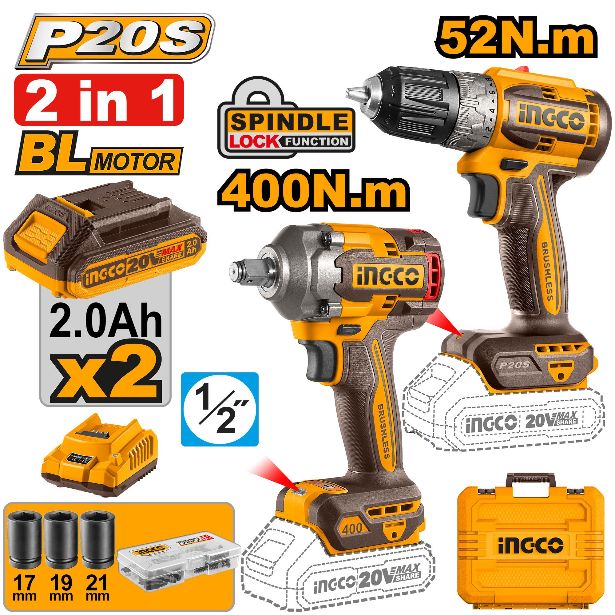 Ingco New 2Pcs Combo Kit Lithium-ion Cordless