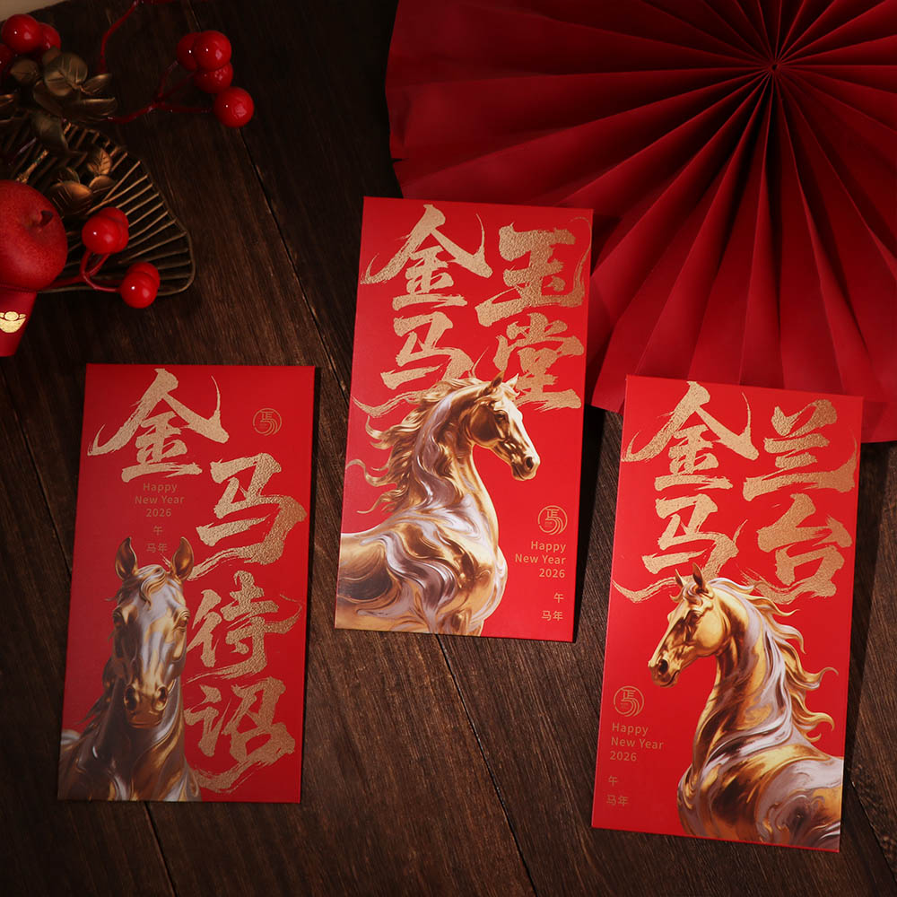 6pcs Red Packet Chinese 2026 New Year Red Envelope Glitter Frosted Bronzing Horse Year Money Envelope Traditional Blessing Money Pockets Marriage Ceremony