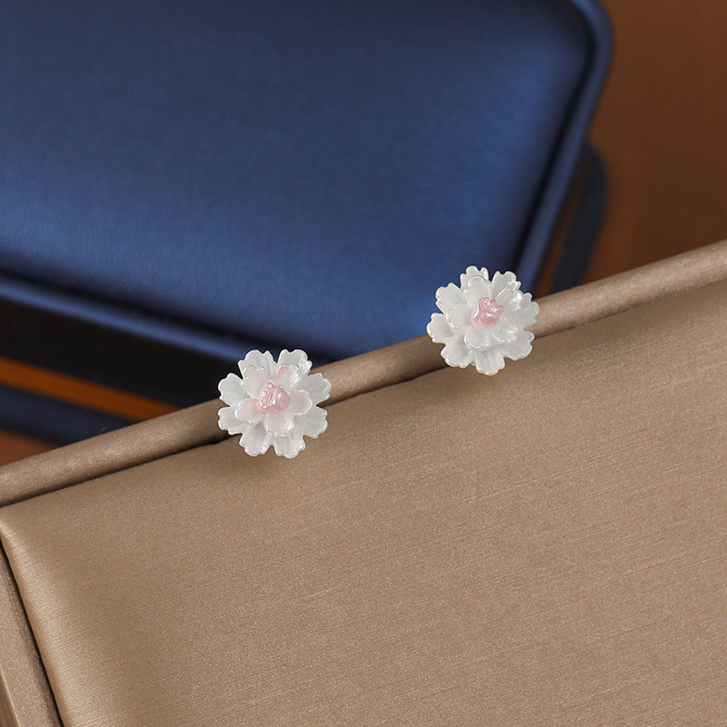 Fresh Pink White Flower Earrings Silver Needle Japanese and Korean Style Sweet All-match Earrings Simple Exquisite Mori Earrings