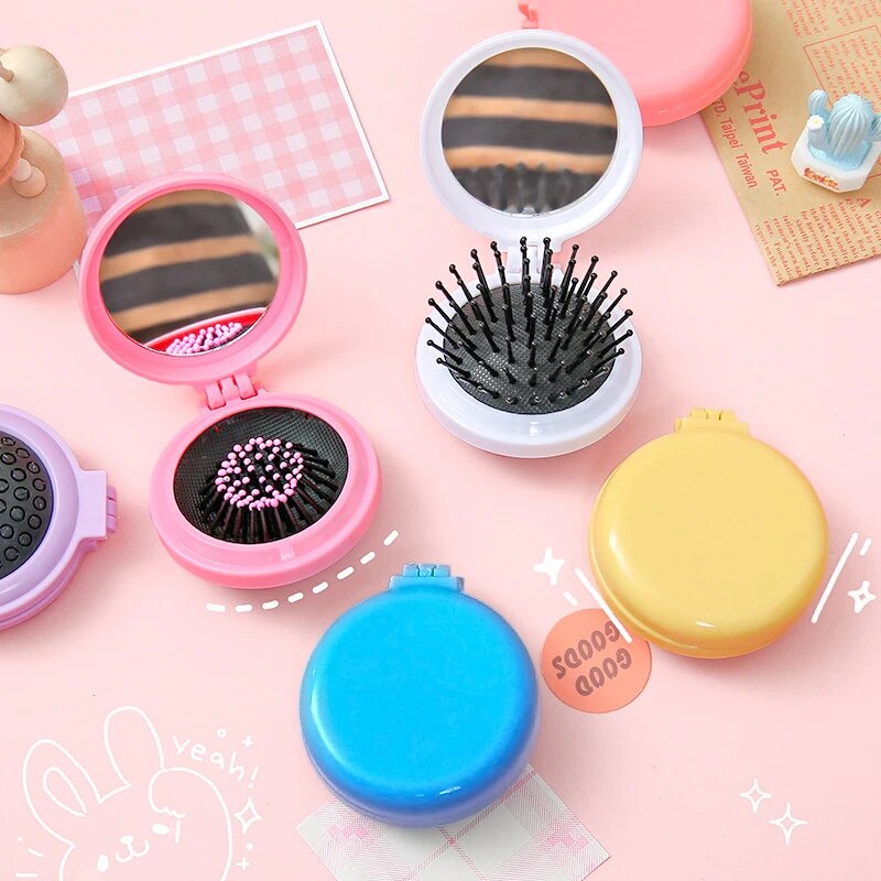 Foldable Pretty Small Round Comb Mini Makeup Mirror Multifunctional Hair Care Air Cushion Brushes Scalp Massage Styling Tools