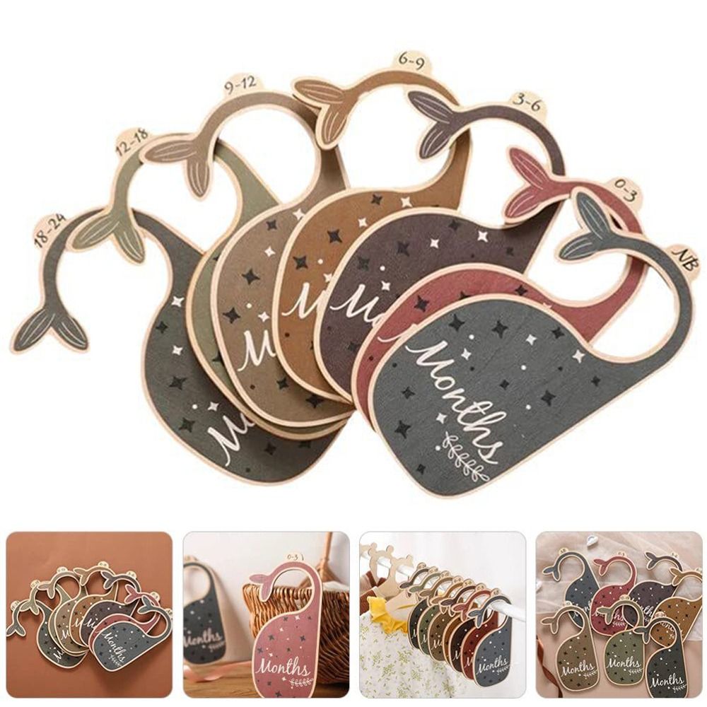 7Pcs Practical Wood Clothes Wardrobe Dividers Whale-Shaped Hanging Design Clothes Rail Dividers Adorable Numbered Labels Baby Age Hanger Dividers Baby From Newborn To 24 Months