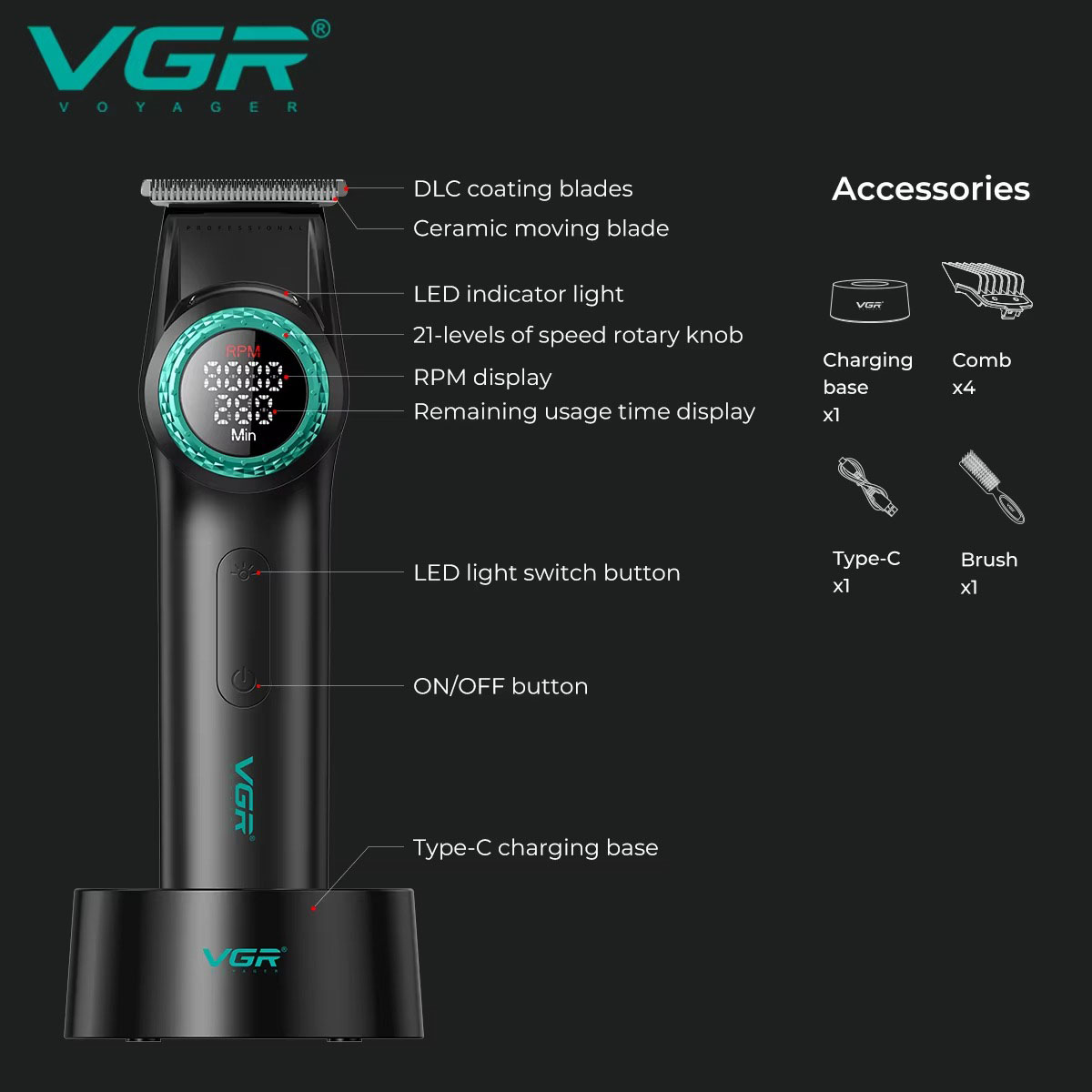 New VGR Hair Trimmers Rechargeable Haircut Machine Electric Clippers Professional Hair Trimmer Brushless Motor trimmer for men V-977