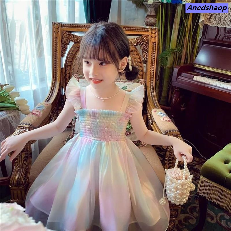 NEW Anedshaop Portable New Summer Cute Girls Princess Dress Gradient Rainbow Butterfly Decoration Mesh Dress For Girls Kids Party Prom Gown Clothes