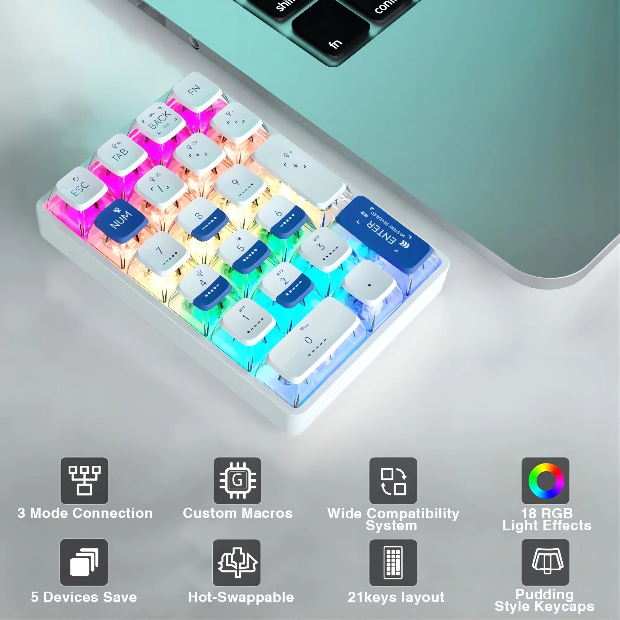 Wireless Numeric Keypad Bluetooth RGB Backlit Mechanical Keyboard Transparent Numeric Key Pad Three Modes Hot-Swappable 21 Keys