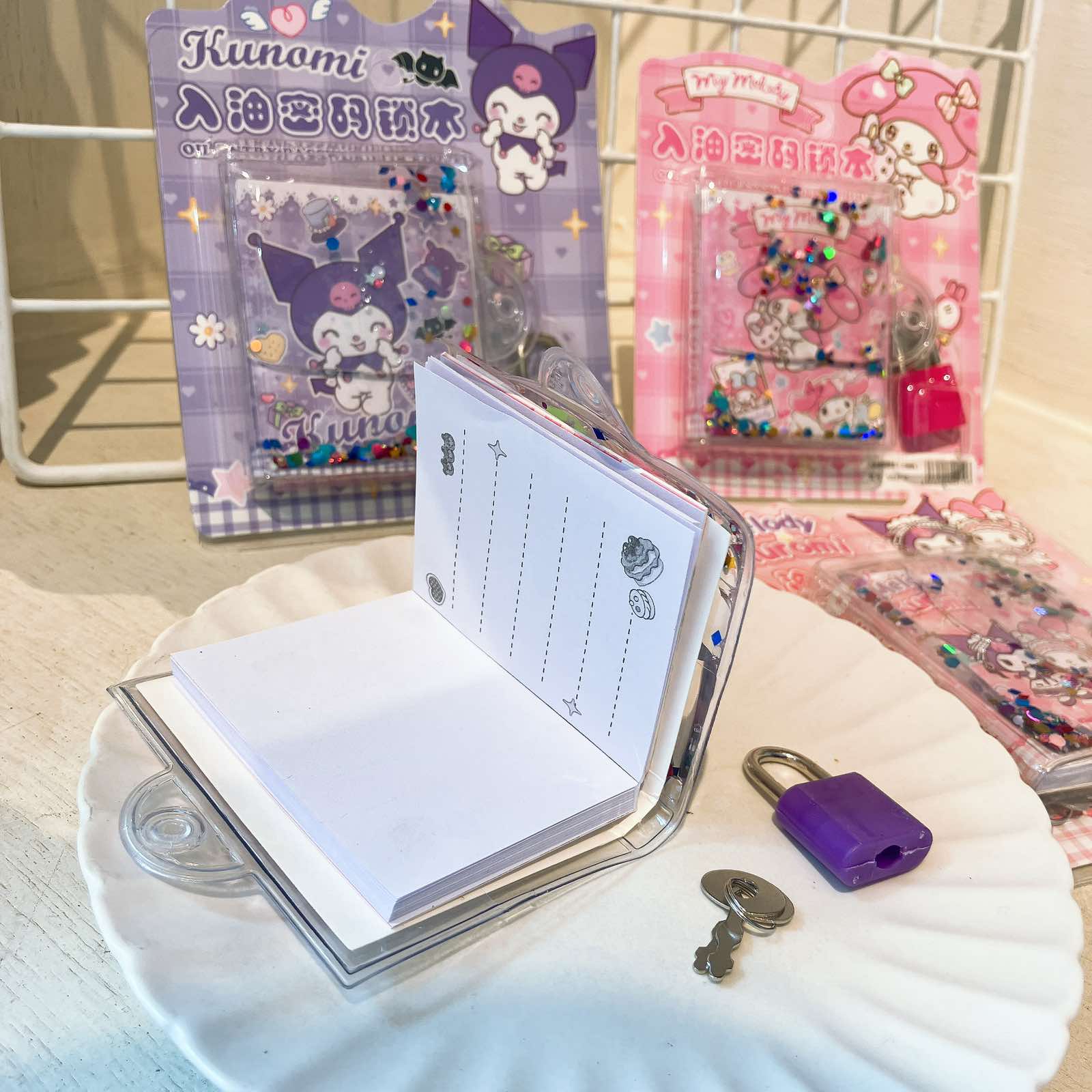 Masala Beads Liquid Glitter Pattern Cover Kawaii Cartoon Character Kuromi Melody Cinnamoroll Note Book For Writing Mini Diary With Locker Lock And Key For Maintaining Privacy Daily Schedule Book Journal Notebook Stationary Accessories