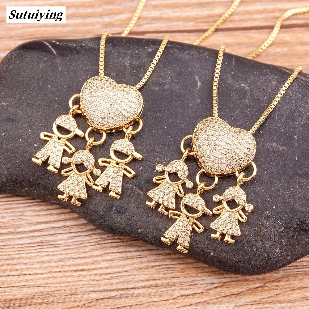 Sutuiying Nidin Son Daughter Heart Gold Color Cubic Zirconia Family Original Girl Boy Pendant Necklace Chain Jewelry For Mother Gift