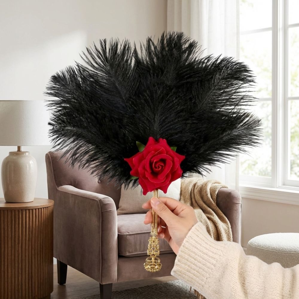 Vintage Style Handle Ostrich Feather Fan Soft Fluffy Handmade Craft Feather Rose Fan Artificial Rose Chinese Hand Fan Fan Party Occasions