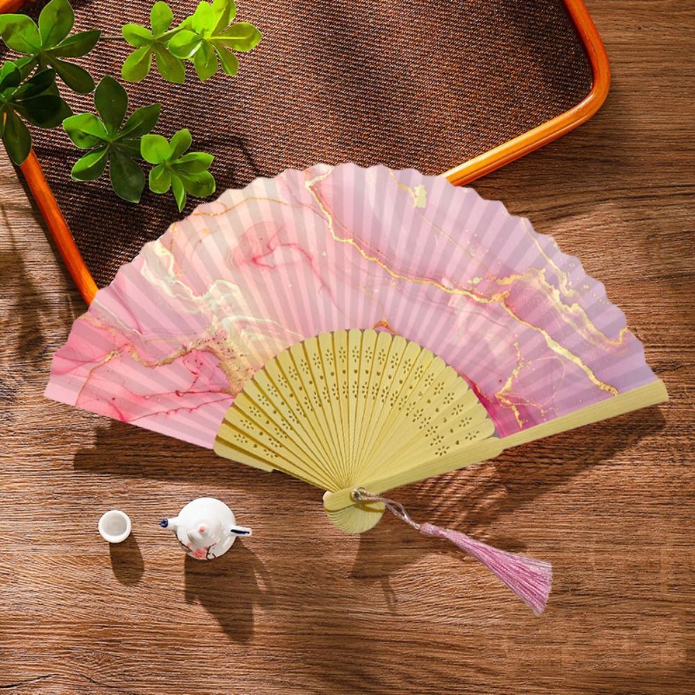 Artistic Piece Colorful Tassel Bamboo Folding Fan Elegant Handmade Craft Chinese Fan Gilding Traditional Antiquity Folding Fans Summer Accessory