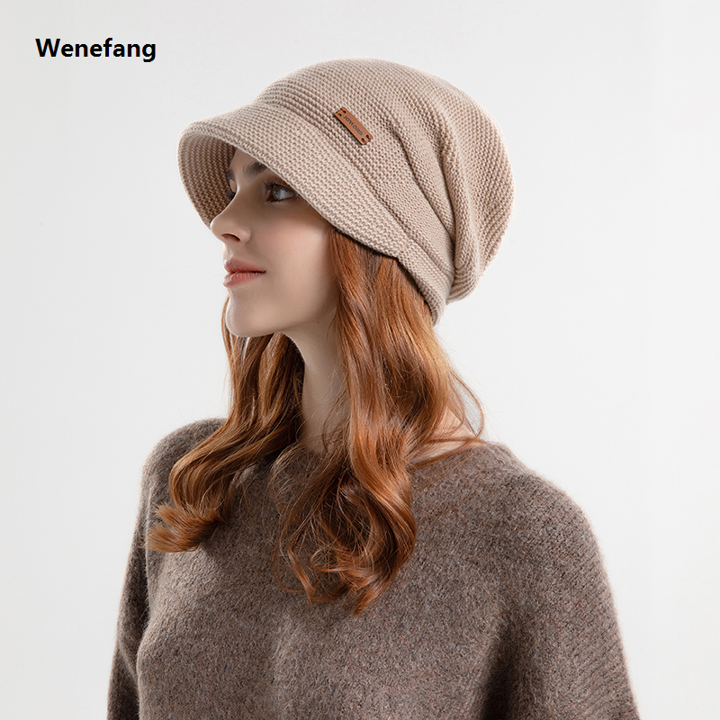 Wenefang Winter Knitted Women Hat Plus Velvet Fleece Lined Beanie Thick Warm Baggy Cap With Visors Casual Lady Wide Brim Baseball Cap