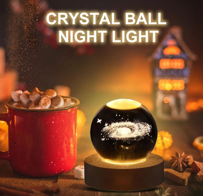 Vylon 3D Crystal Ball Night Light with Wooden Base - Perfect Gift for Boys, Girls, Family, and Friends