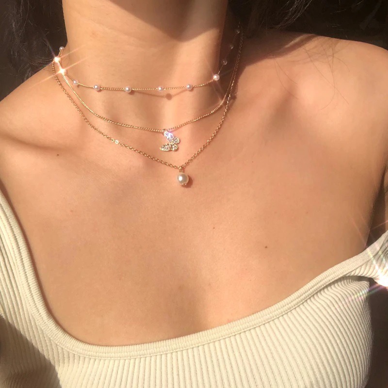 Gold Plated Double Pearl & Butterfly Layered Necklace - Korean Style Multi-Strand Aesthetic Choker for Girls