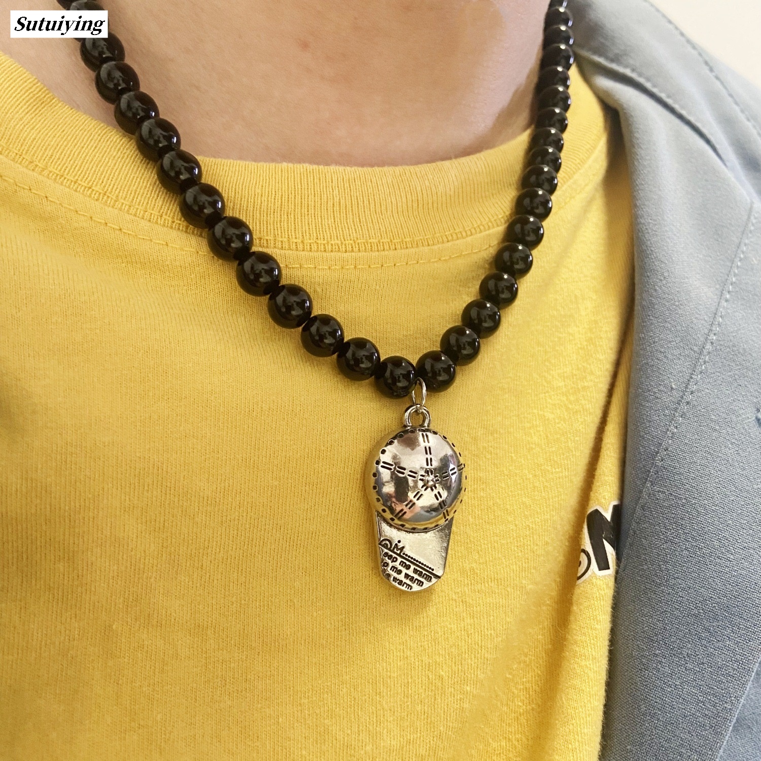 Sutuiying [ New ] New Punk Style Men's Baseball Cap Pendant Necklace Sunglasses Profesional Pendant Black Tourmaline Natural Stone Sweater Chain