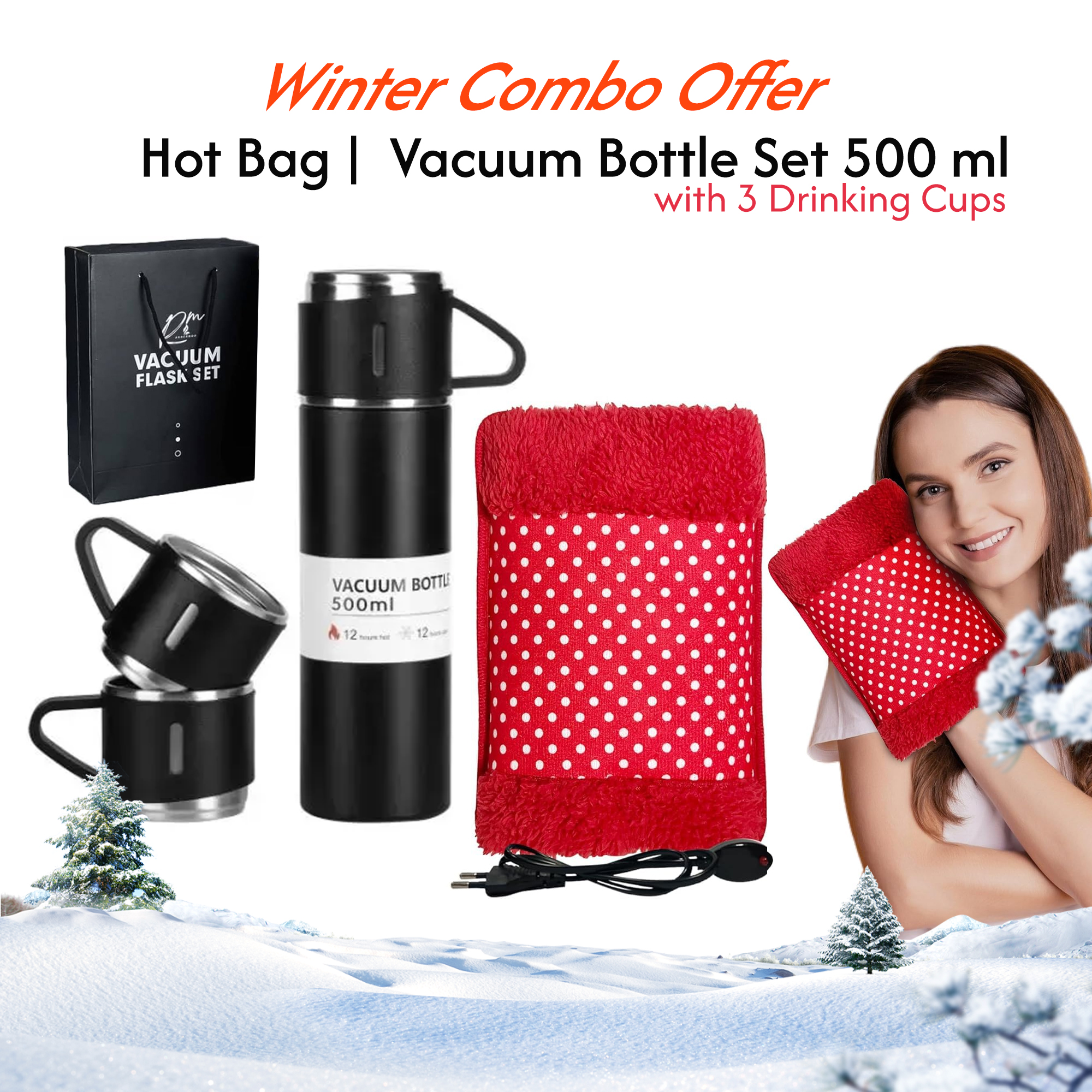 2-in-1 Winter Combo: Stainless Steel Vacuum Flask (500ml) with 3 Cups | Electric Heating Bag for Pain Relief, Hot Gel Pad