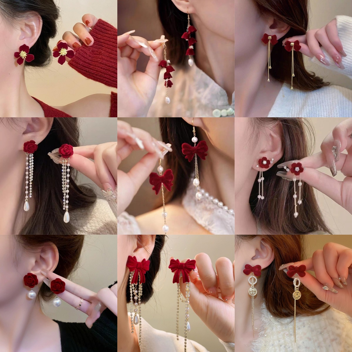 【New arrivals】Festive Red Bow Earrings Women's Elegant Sweet Flower Tassel Earrings Autumn and Winter