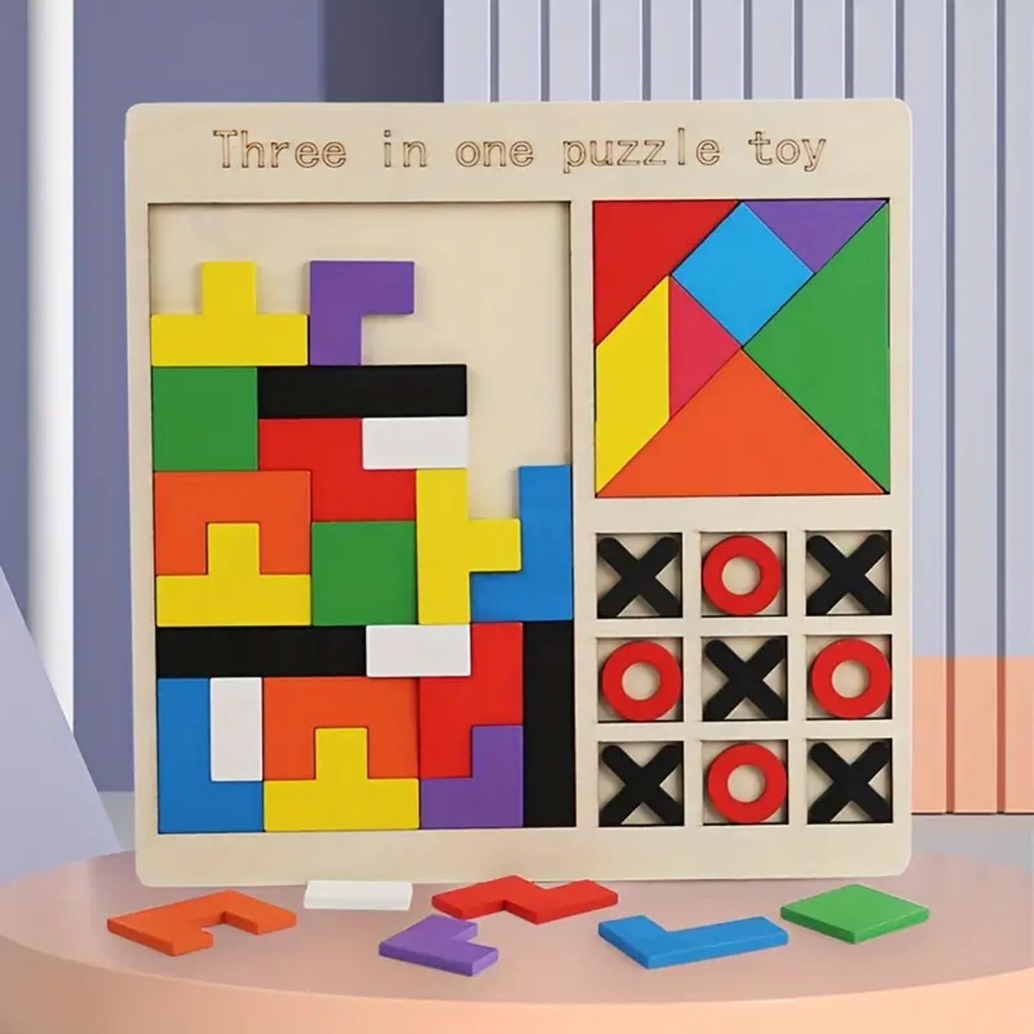 Wooden Children'S Educational Colorful Square Tangram Game Chess Xo Tic-Tac-Toe Nine-Square Three-In-One Puzzle Game Building Blocks Early Education Toy