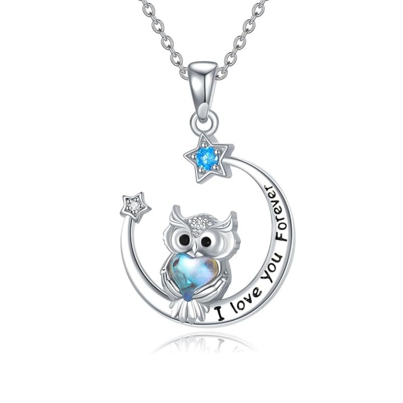 【Hottest Trends】By the new creative owl moonstone star moon carving l love you Forever necklace women