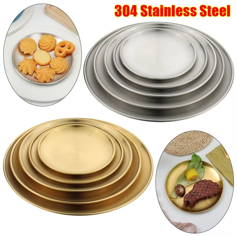 1Pcs Round Shallow 304 Stainless Steel Plate Dining Disc Kitchen Accessories Food Tray 14/17/20/23/26/30cm Fruit Cake Snacks Pasta Steak Tableware Dish