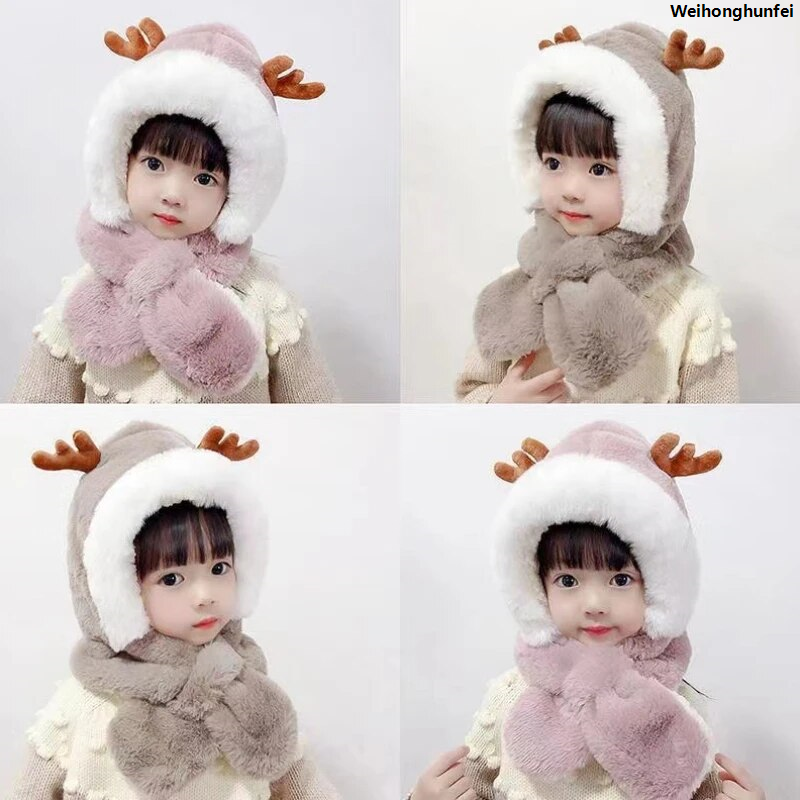 WeihonghunfeiLuxury Autumn and Winter Children's Hat Cute Hat and Scarf All In One Hat Boys and Girls Deer Hats Plush Windproof Ear Protection Cap