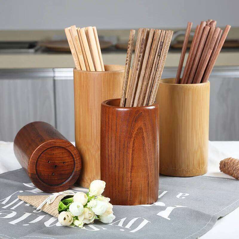 Wooden Cylinder Tableware Drainage Chopstick Rack Kitchen Storage Container Bamboo Restaurant Supplies