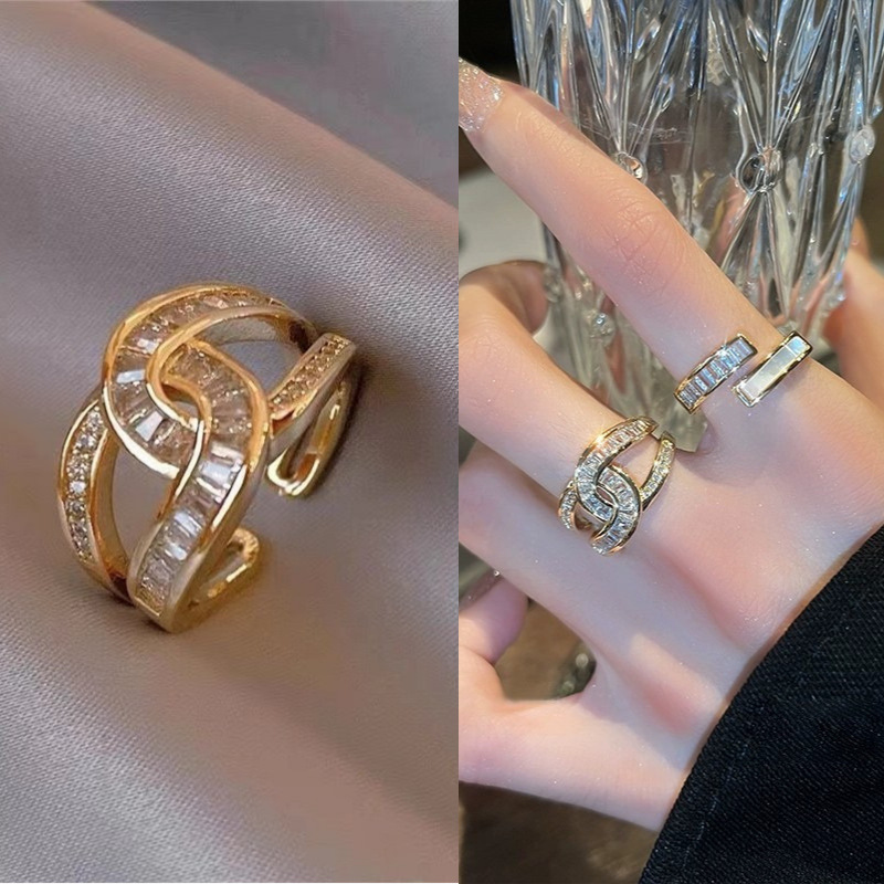 European and American diamond-set double C light luxury glitter diamond ring women's high-end sense opening adjustable sparkling diamond zircon index finger ring ring