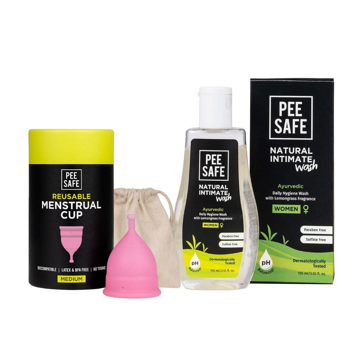 Pee Safe Menstrual Cup Medium (1N) + Natural Intimate Wash 105ml | Reusable Cup | 12H Protection | Feminine Hygiene Combo