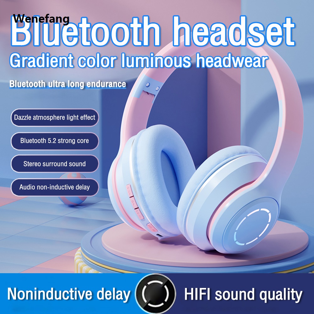 Wenefang 【New Innovation】Headphone Bluetooth Wireless Music Headset Gradient Color Led Light With Mic Gamer Earphone Kids Lovely S