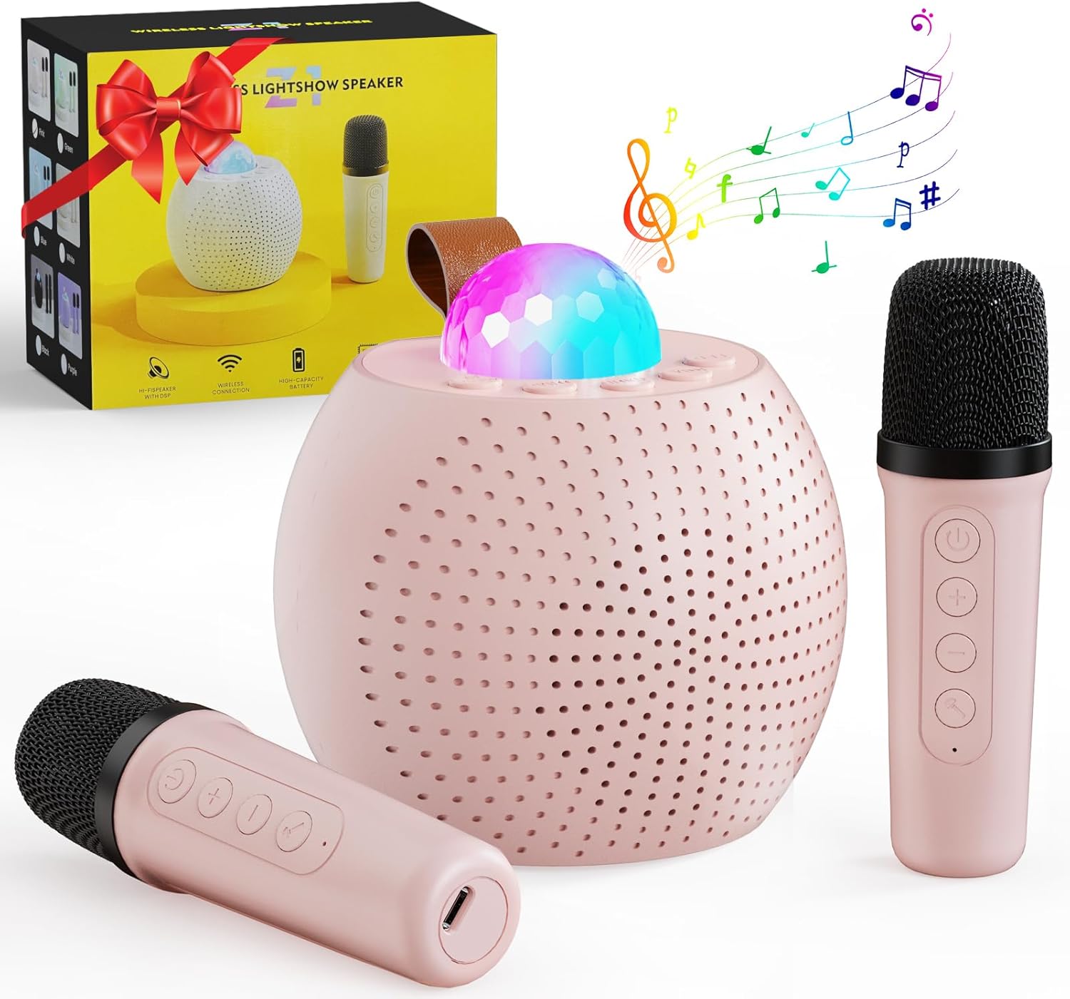 Portable Wireless Karaoke Bluetooth Speaker - Mini Karaoke Microphone with RGB Light Projector, Dual Mics, and Colorful Star Light for Home KTV