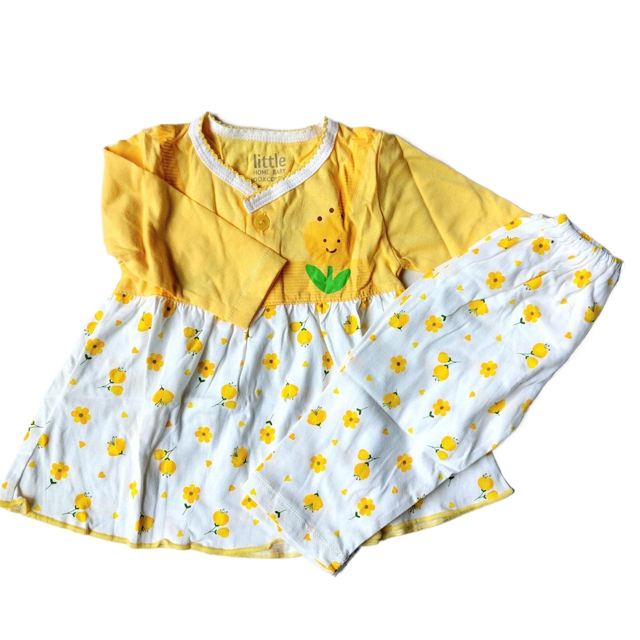 2pcs Newborn Cotton Frock And Trouser Floral Design Cloth Set For Baby Girl
