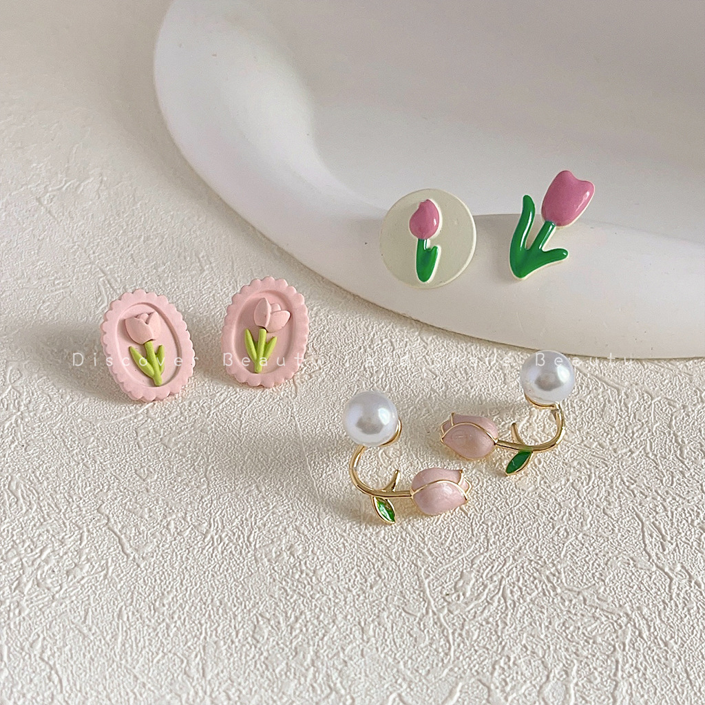【Best Price Guaranteed】Pink Series ~ Dropping Oil Tulip Earrings Women's Japanese and Korean Sweet Paint Earrings Cute Fresh Commuter Ear Jewelry
