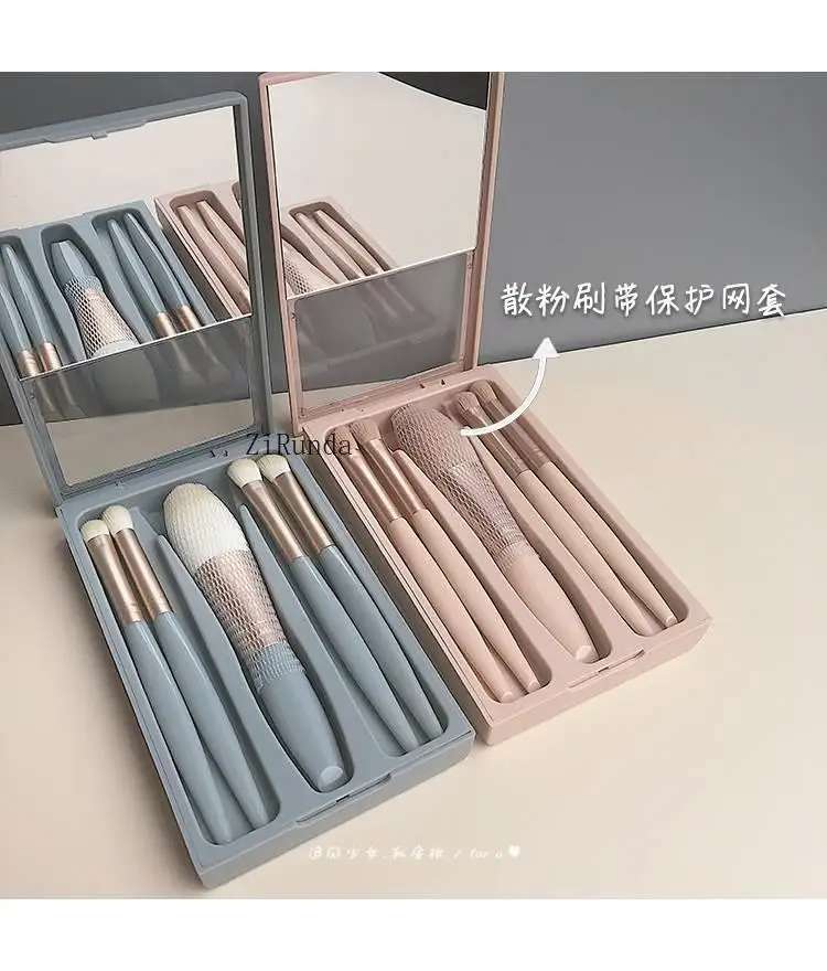 "Travel Makeup Brush Set with Mirror - 5 Super Soft Hair Brushes for Loose Powder, Eyeshadow & Blending, 5-Piece Portable Storage Cartridge for Flawless On-the-Go Makeup"