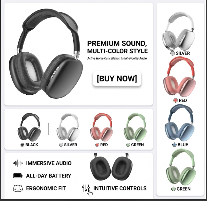 New P9 Wireless Bluetooth Headphones With Mic Noise Cancelling Headsets Stereo Sound Earphones Sports Gaming Headphones Supports TF Designed to Stay Comfortable Fashion Design Latest Version.