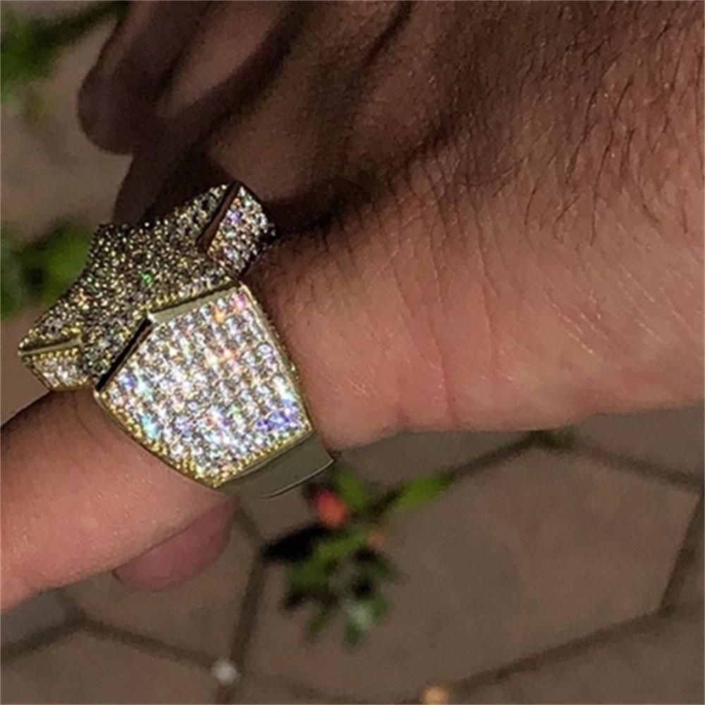 Women Men Luxury Shiny Diamond Fashion Pentagram Hip Hop CZ Star Ring Cubic Zirconia Diamond